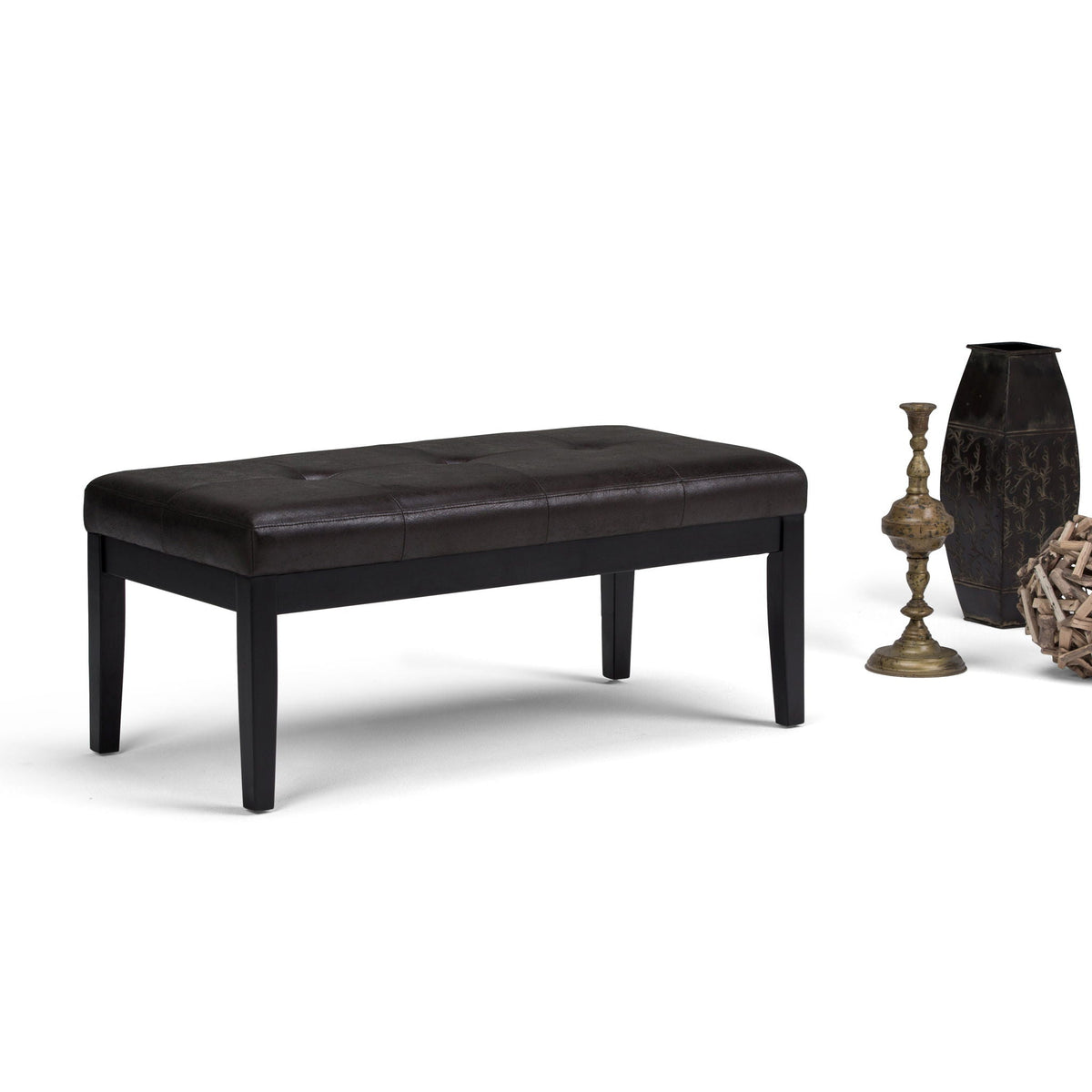 Upholstered Tufted Ottoman Bench with Solid Wood Base - Black, Brown, or Gray