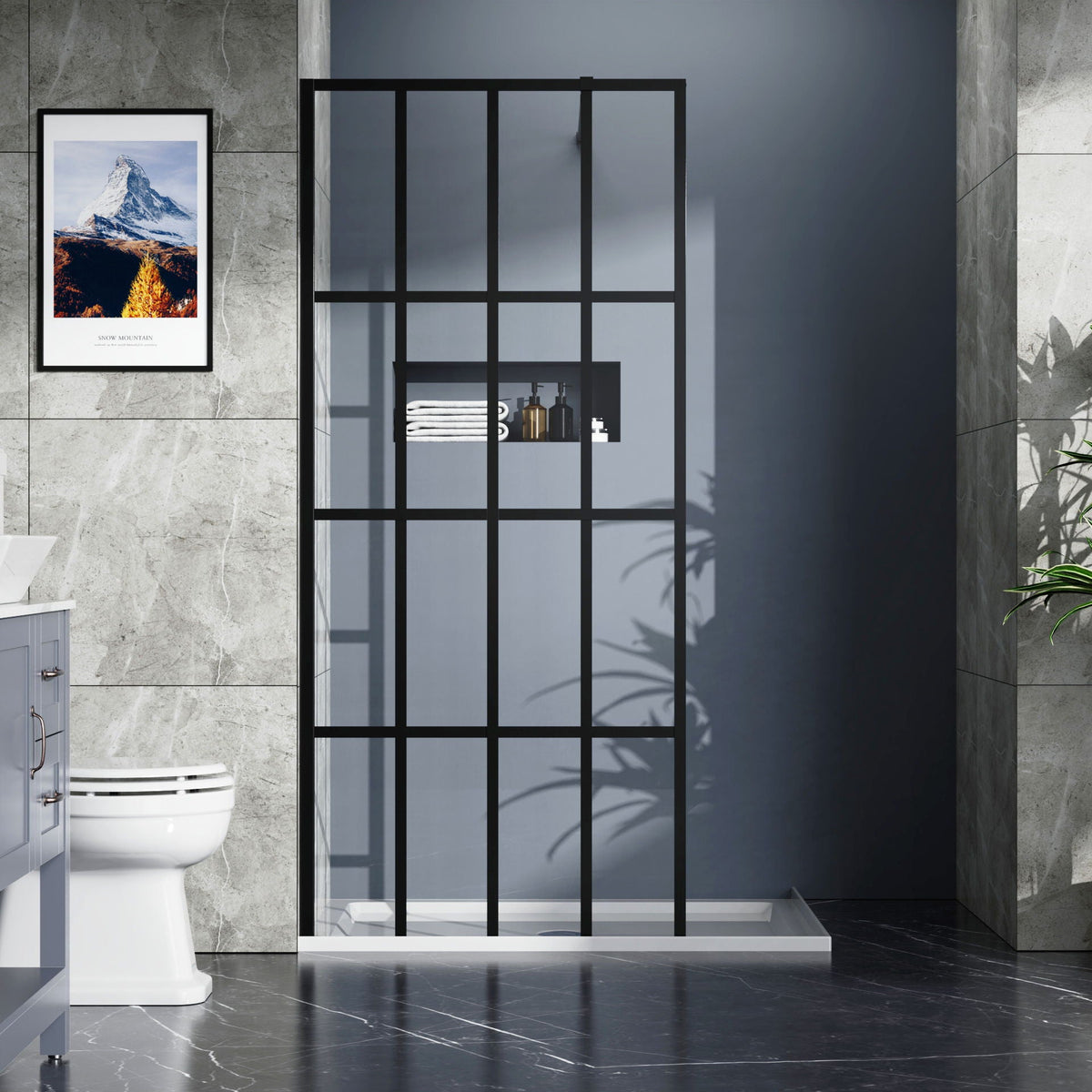 Black Shower Door Walk with Tempered Glass Panel - 34" x 72"