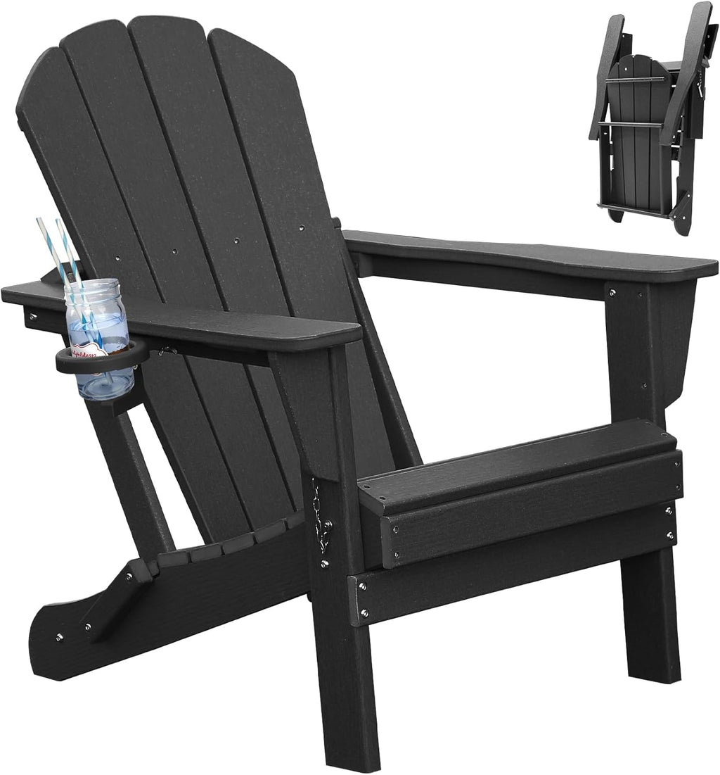 Black Folding Adirondack Chair with Cup Holder - HDPE Outdoor Patio Seating