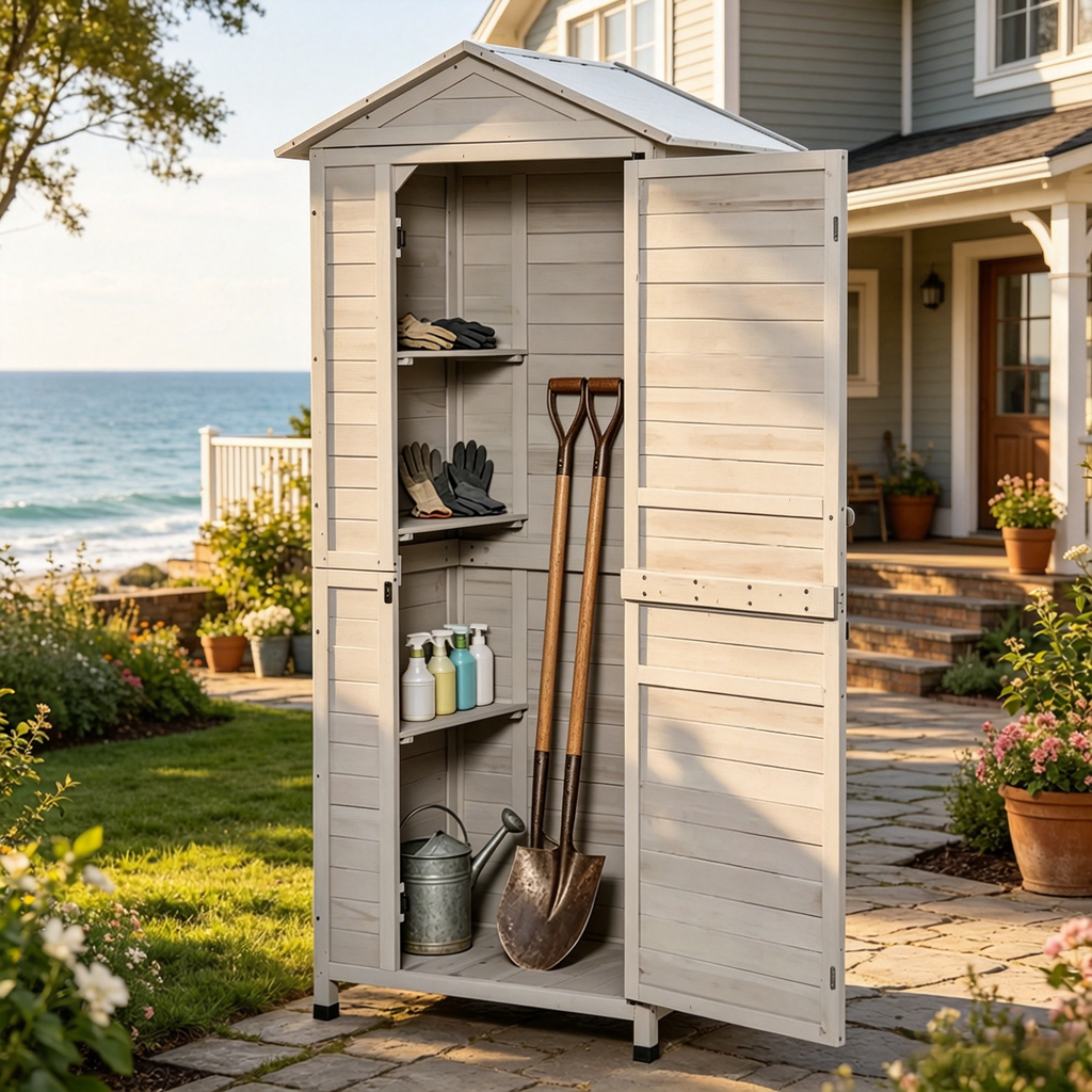 Outdoor Storage Shed with Tilted Tin Roof - Light Grey Fir Wood