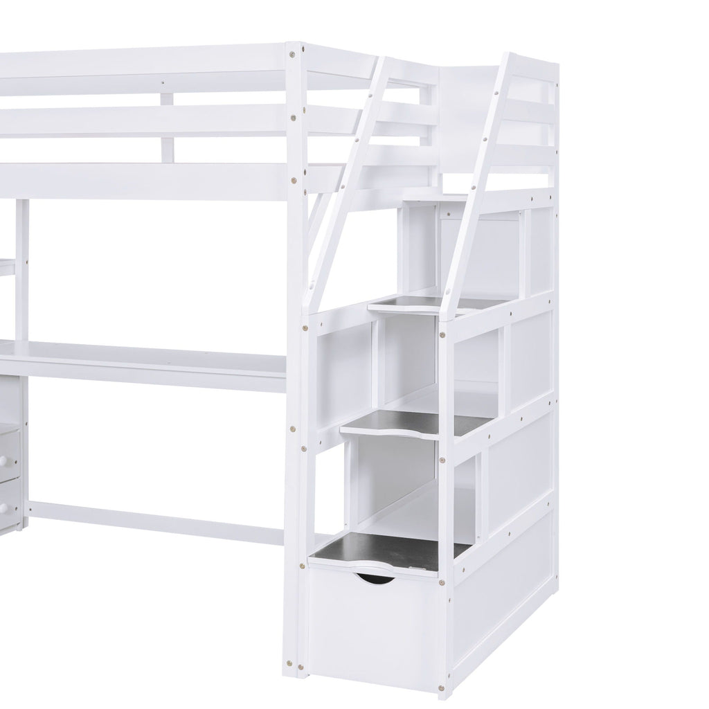 Loft Bed with Desk and Storage Staircase - Full or Twin, White or Gray