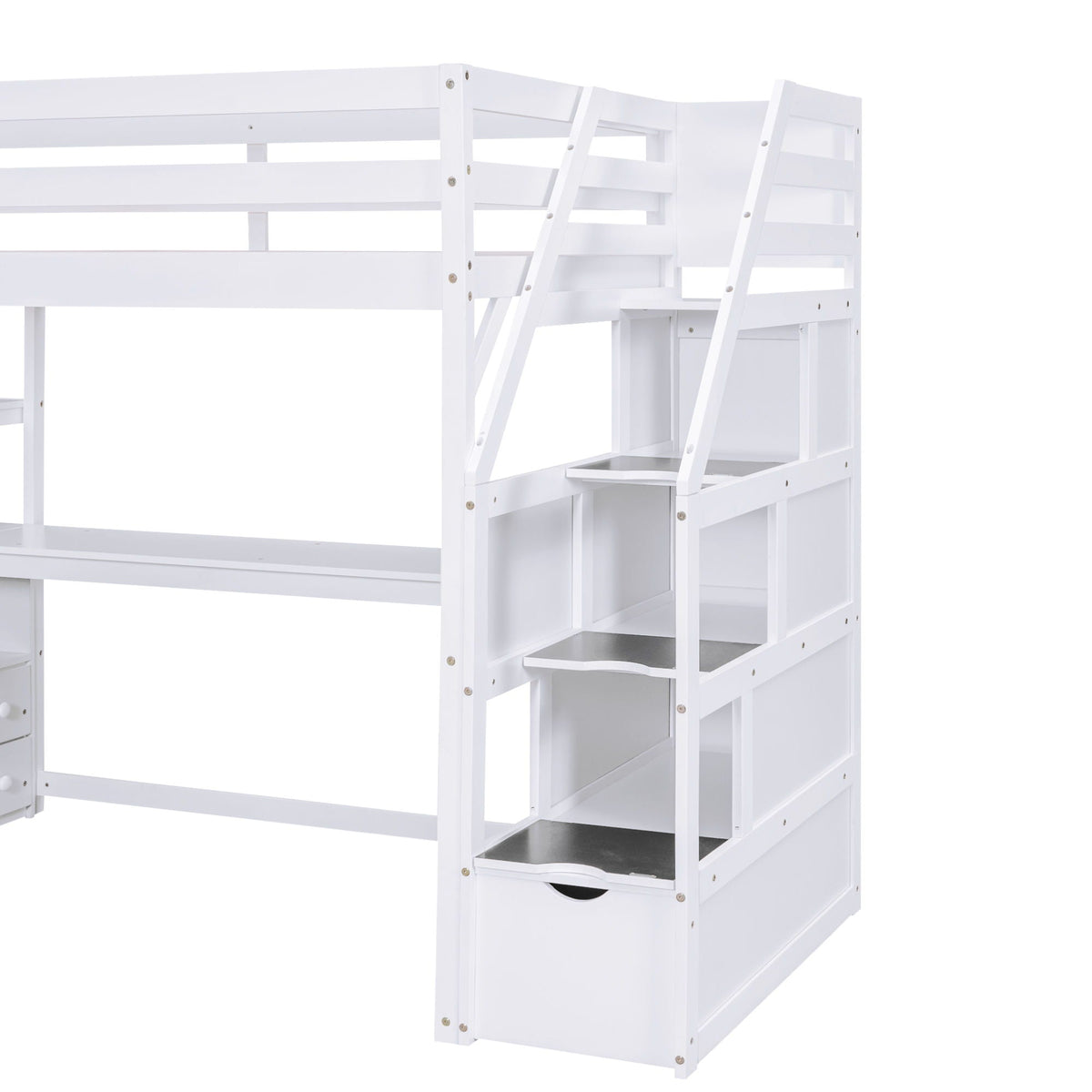 Loft Bed with Desk and Storage Staircase - Full or Twin, White or Gray