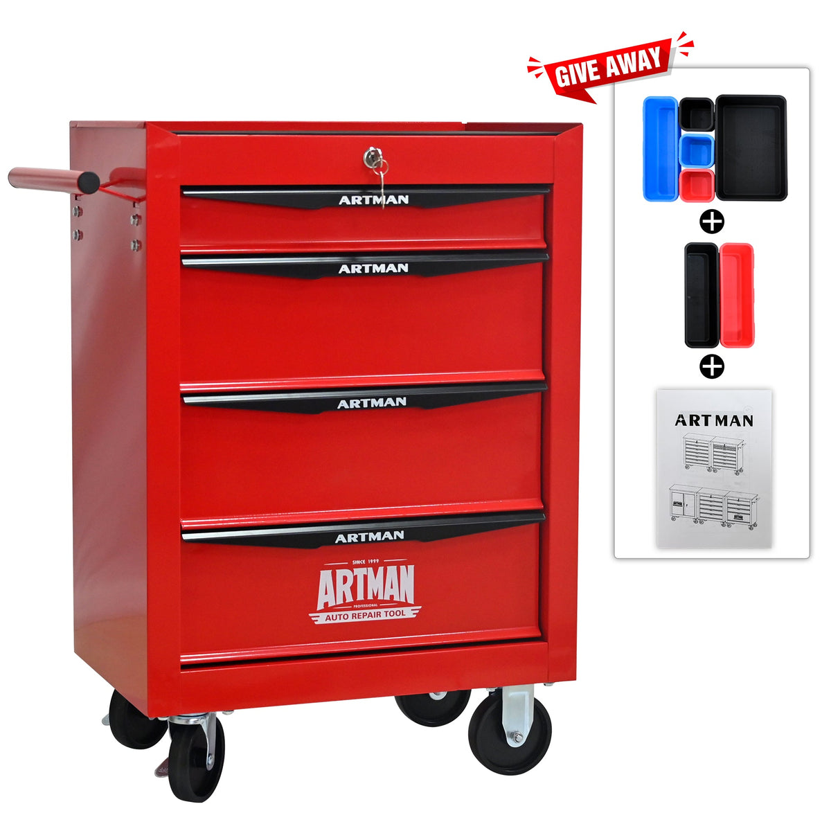 Rolling Metal Tool Chest with 4 Drawers - Red & Black