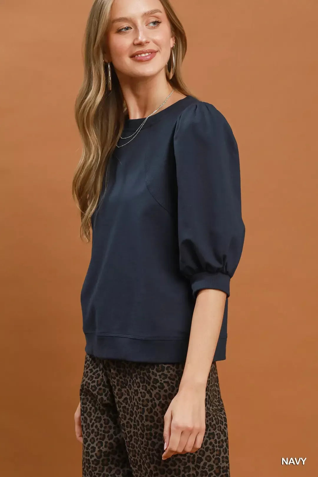 Umgee Puff Sleeve Round Neck Sweatshirt