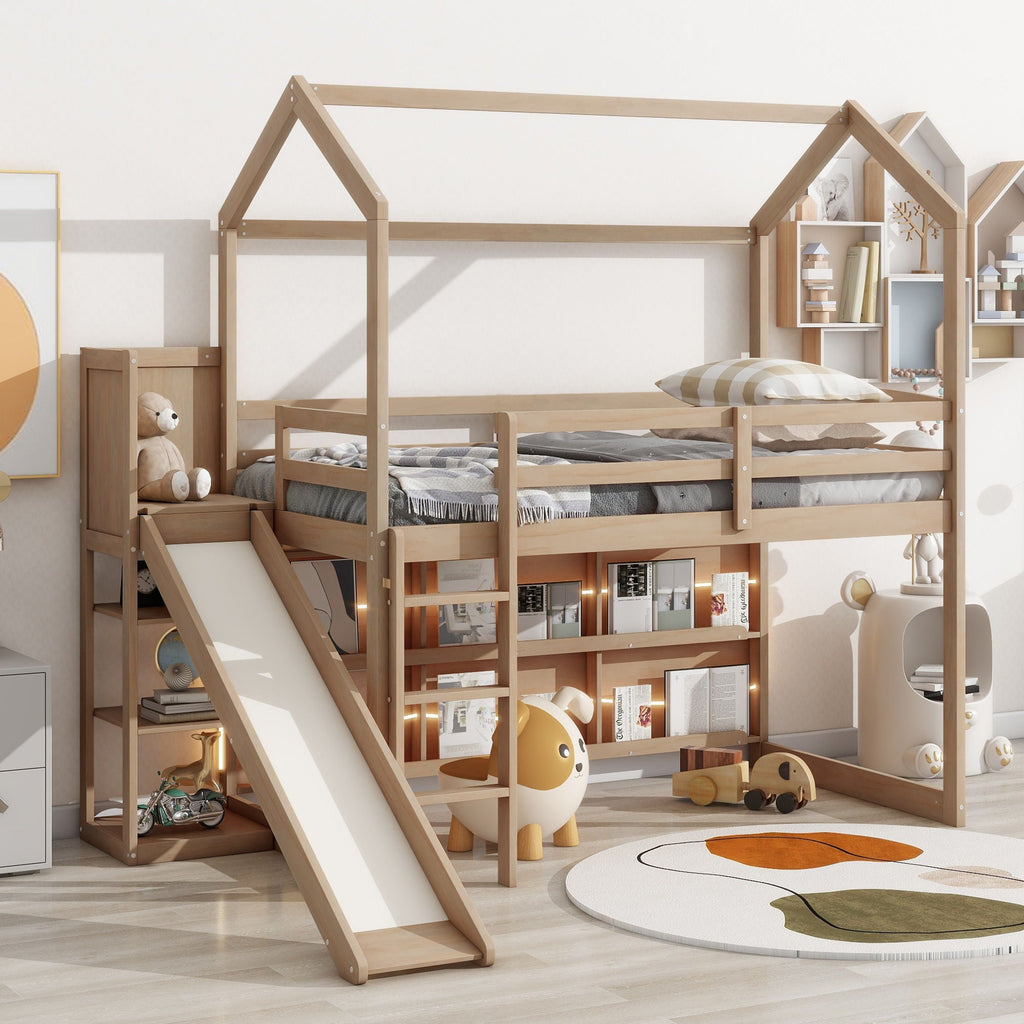 House Loft Bed with Slide and Storage Shelves - Twin with Light