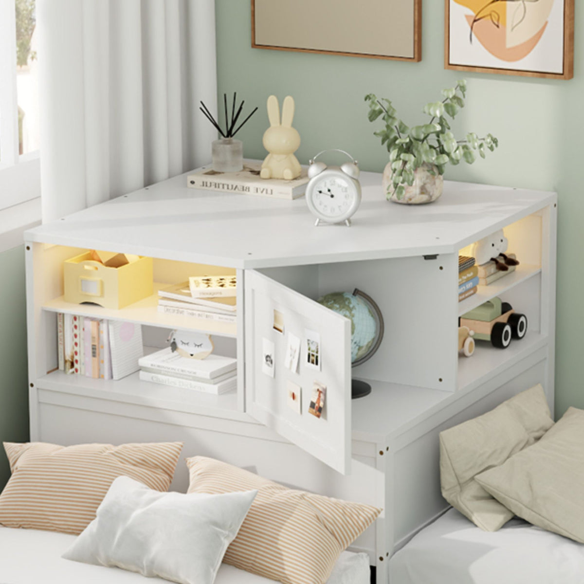 L-Shaped Bed Frame with Trundle, Desk & LED Lighting - Twin