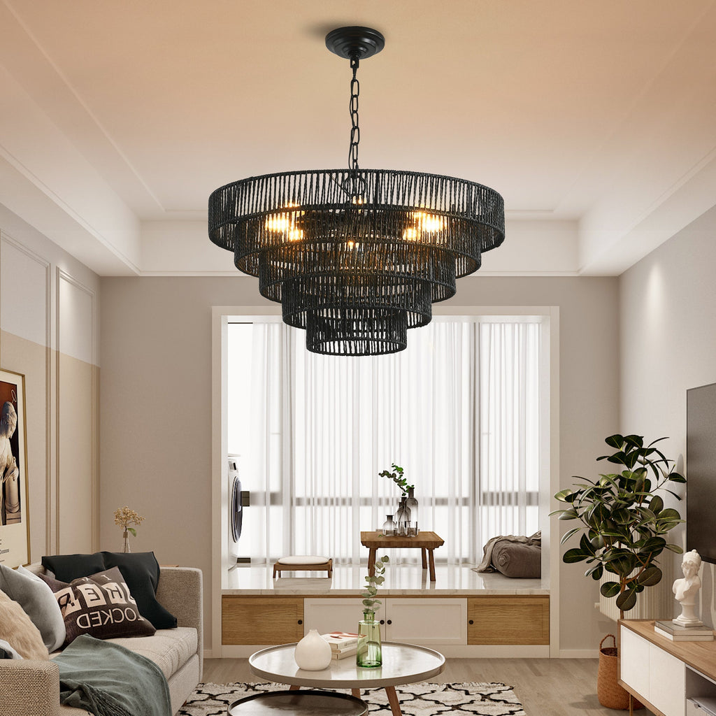 24' Rustic 5-Tier Black Hemp Rope Pendant Light Chandelier