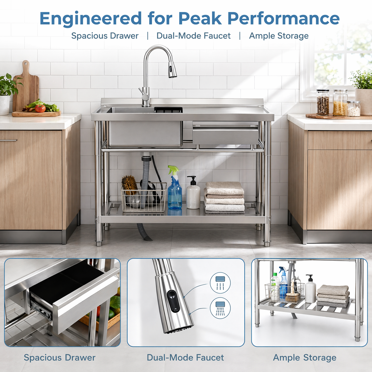 Stainless Steel Utility Sink with Pull-Out Faucet - Silver
