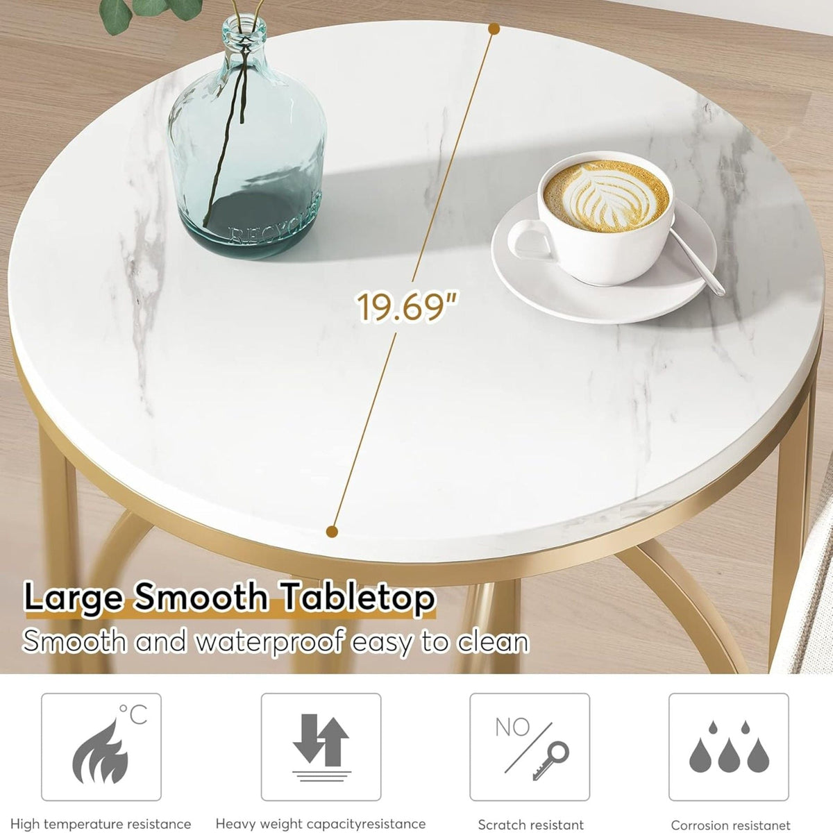 Round End Table with Faux Marble Top - White and Gold