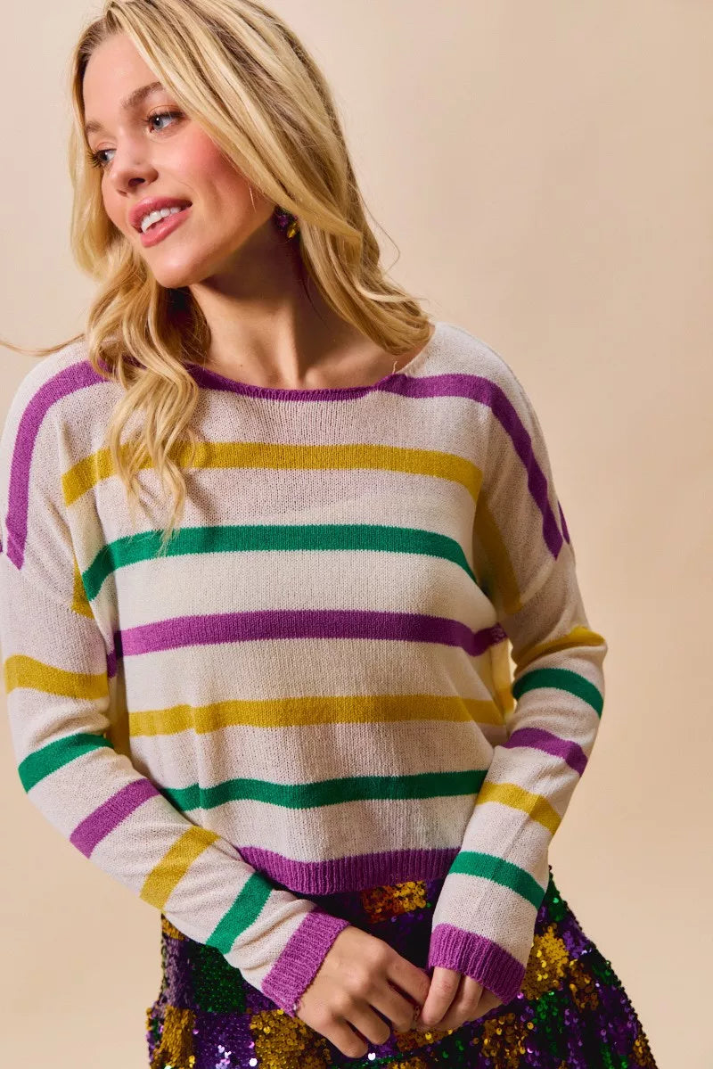 SO ME Mardi Gras Color Stripe Lightweight Sweater Top