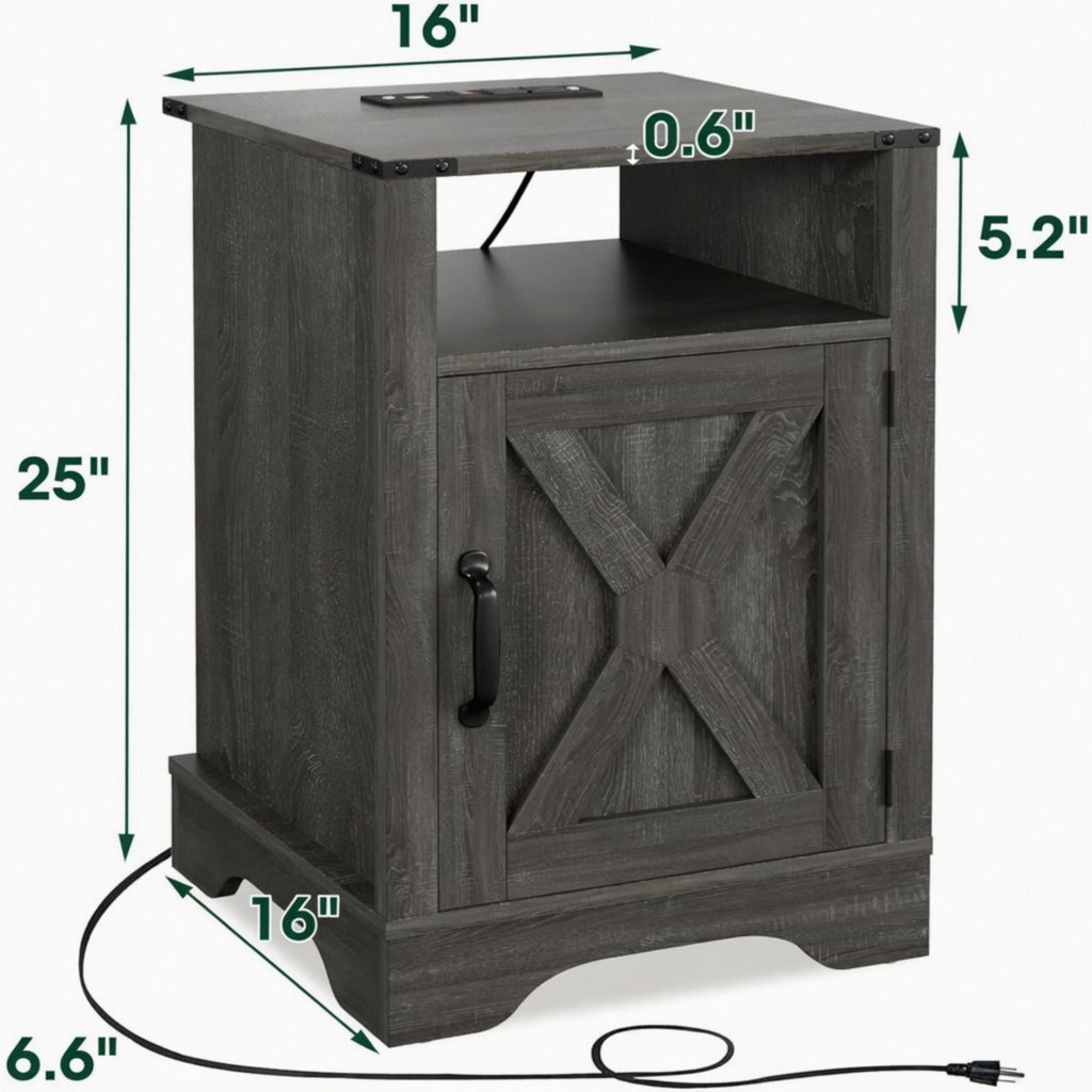 Farmhouse Nightstand with Charging Station & Storage - Multiple Colors
