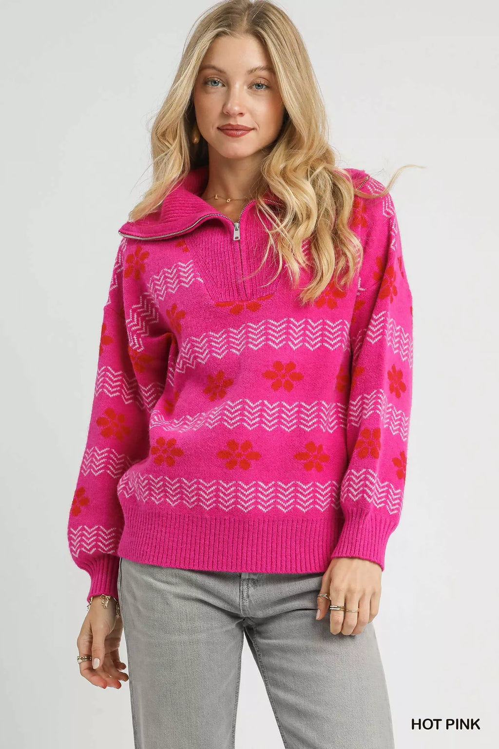 Umgee Floral Patterned Jacquard Quarter-Zip Pullover Sweater