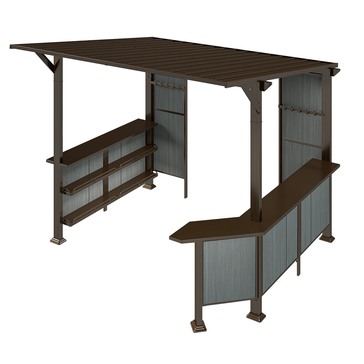 9x10FT Hardtop Grill Gazebo with Storage Shelves - Brown Steel