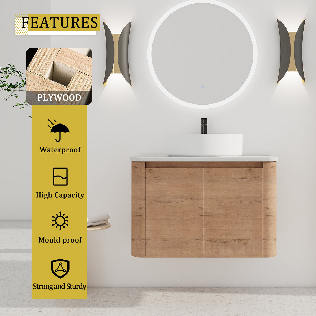 30" Wall-Mounted Bathroom Vanity With Ceramic Art Sink & 2 Soft-Close Doors