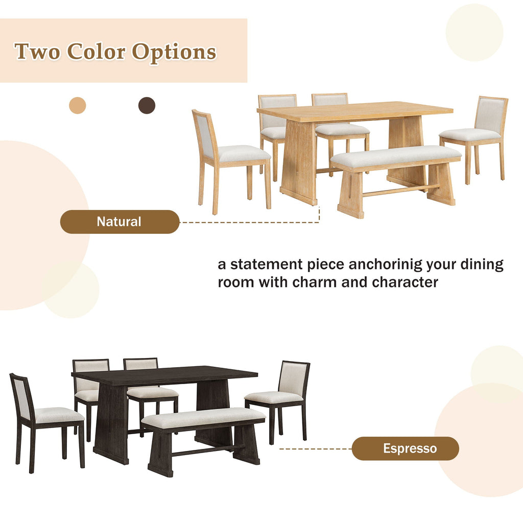 6 Piece Dining Room Set with Upholstered Chairs & Padded Bench - Light or Dark Brown