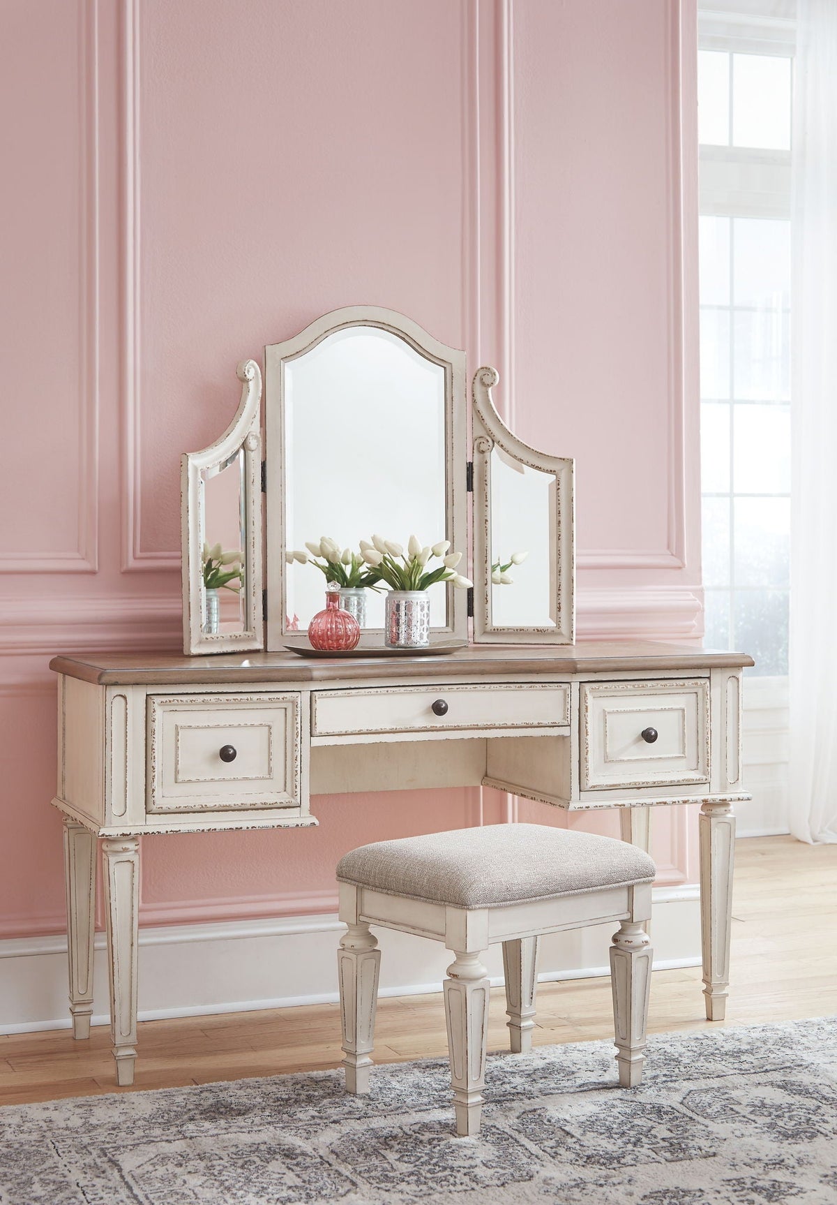 Realyn - Vanity/Mirror/Stool (Set of 3) - White / Brown / Beige