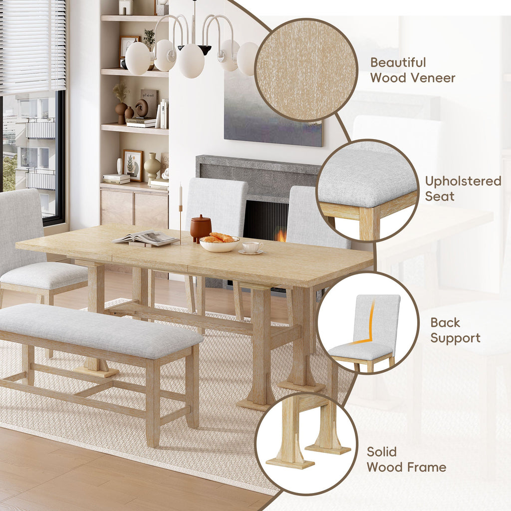 Farmhouse Extendable Dining Table Set with Removable Leaf - Natural Light