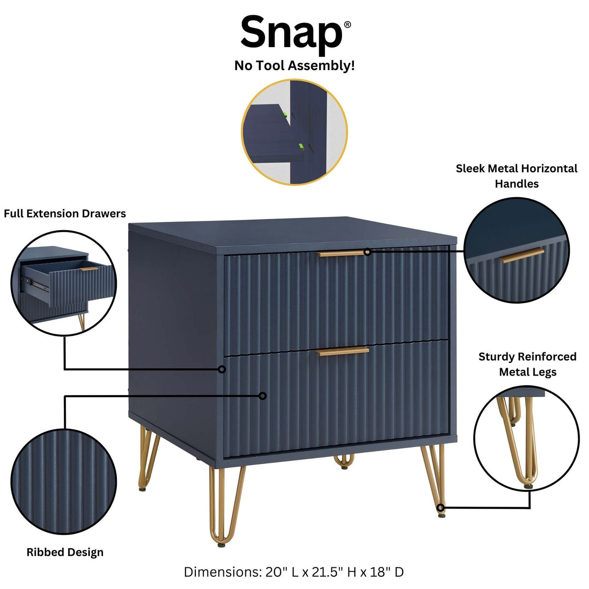 Dumbo Nightstand with 2 Drawers and Fluted Fronts – Multiple Colors