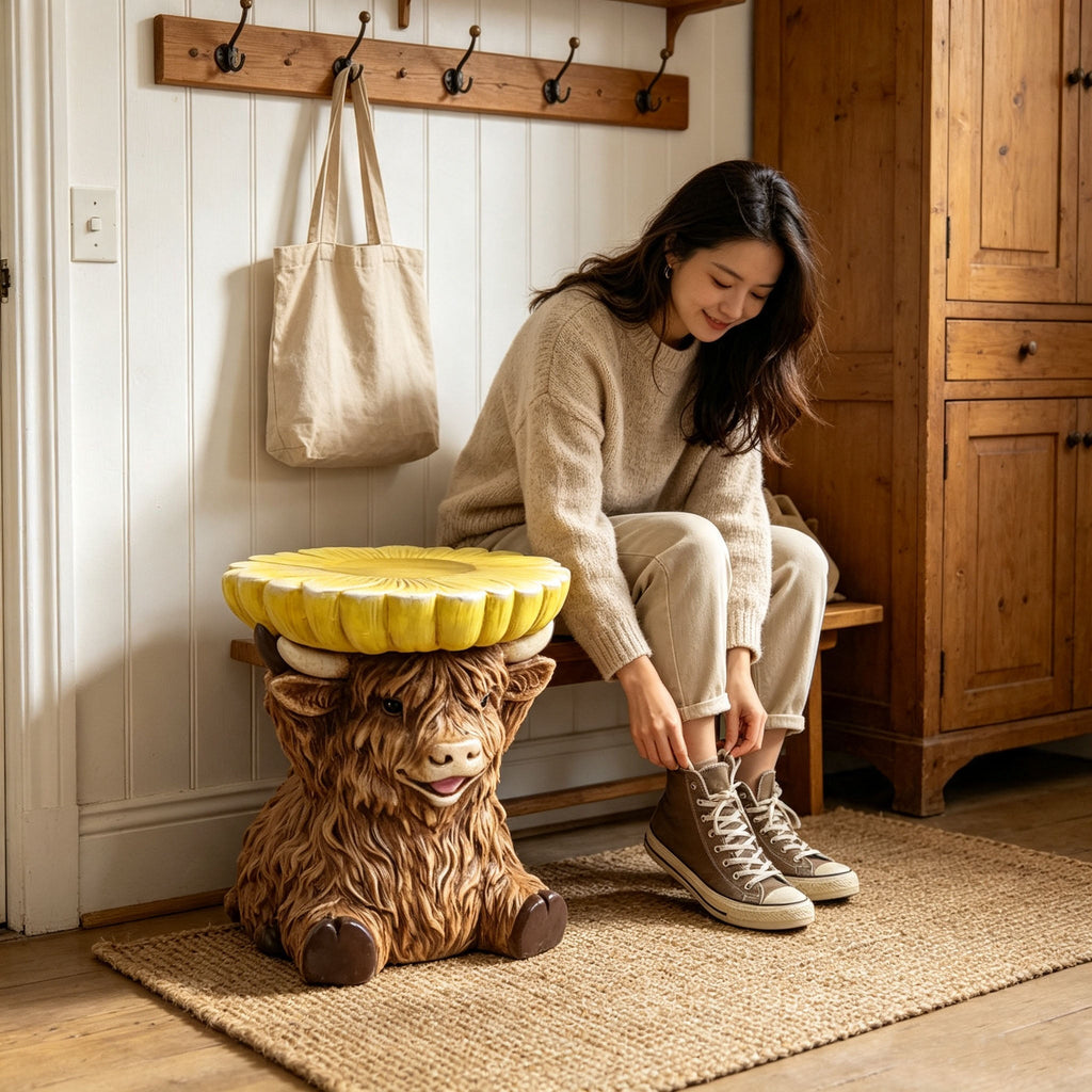 Highland Cow Stool with Sunflower Top - Resin Farmhouse Stool