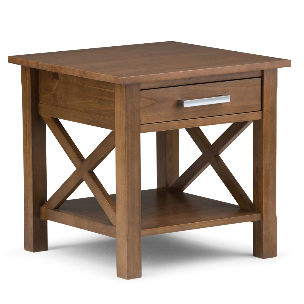 Medium Saddle Brown Solid Wood End Table with Drawer - Contemporary Style