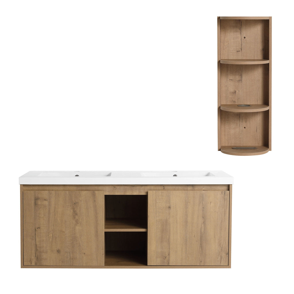 48" Wall Mounted Bathroom Vanity With Double Resin Sink And Storage Rack Soft Close Doors Plywood Construction - Imitative Oak