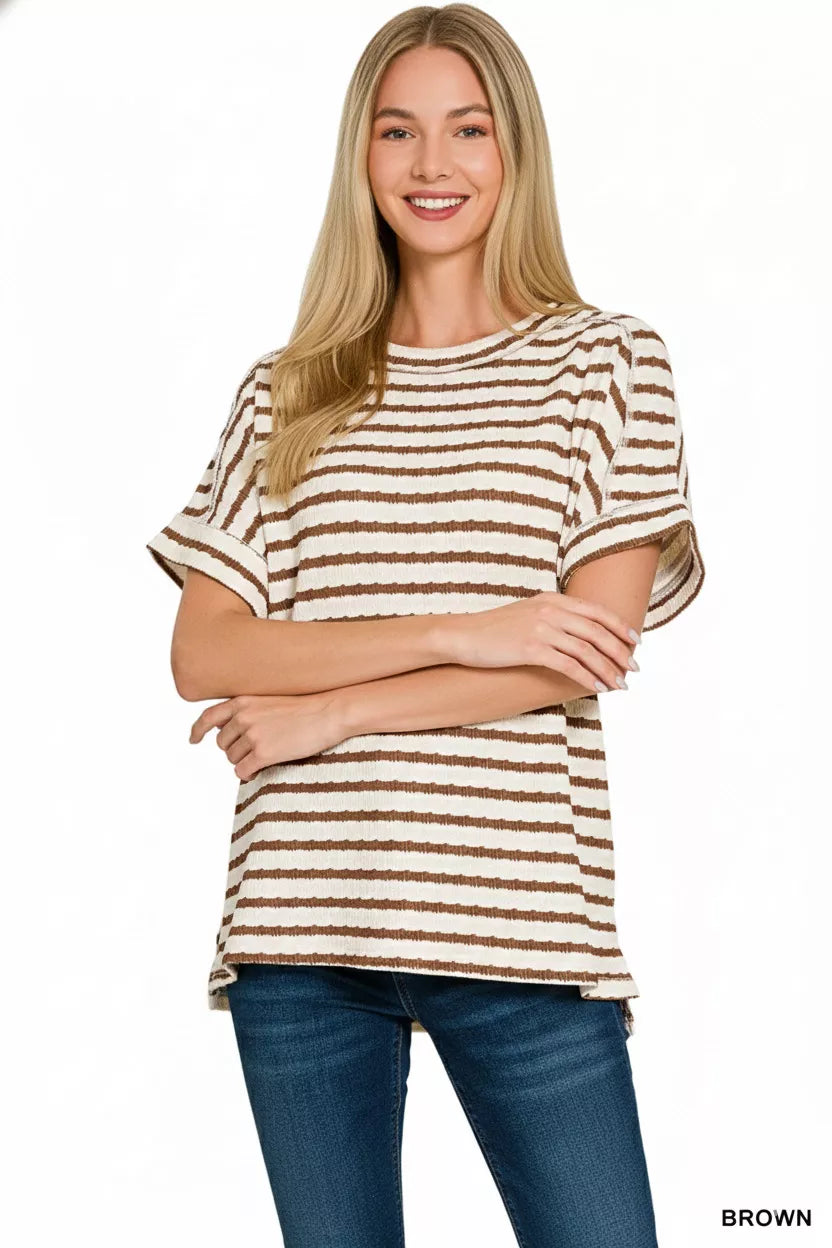 Zenana Stripe Jacquard Round-Meck Tee