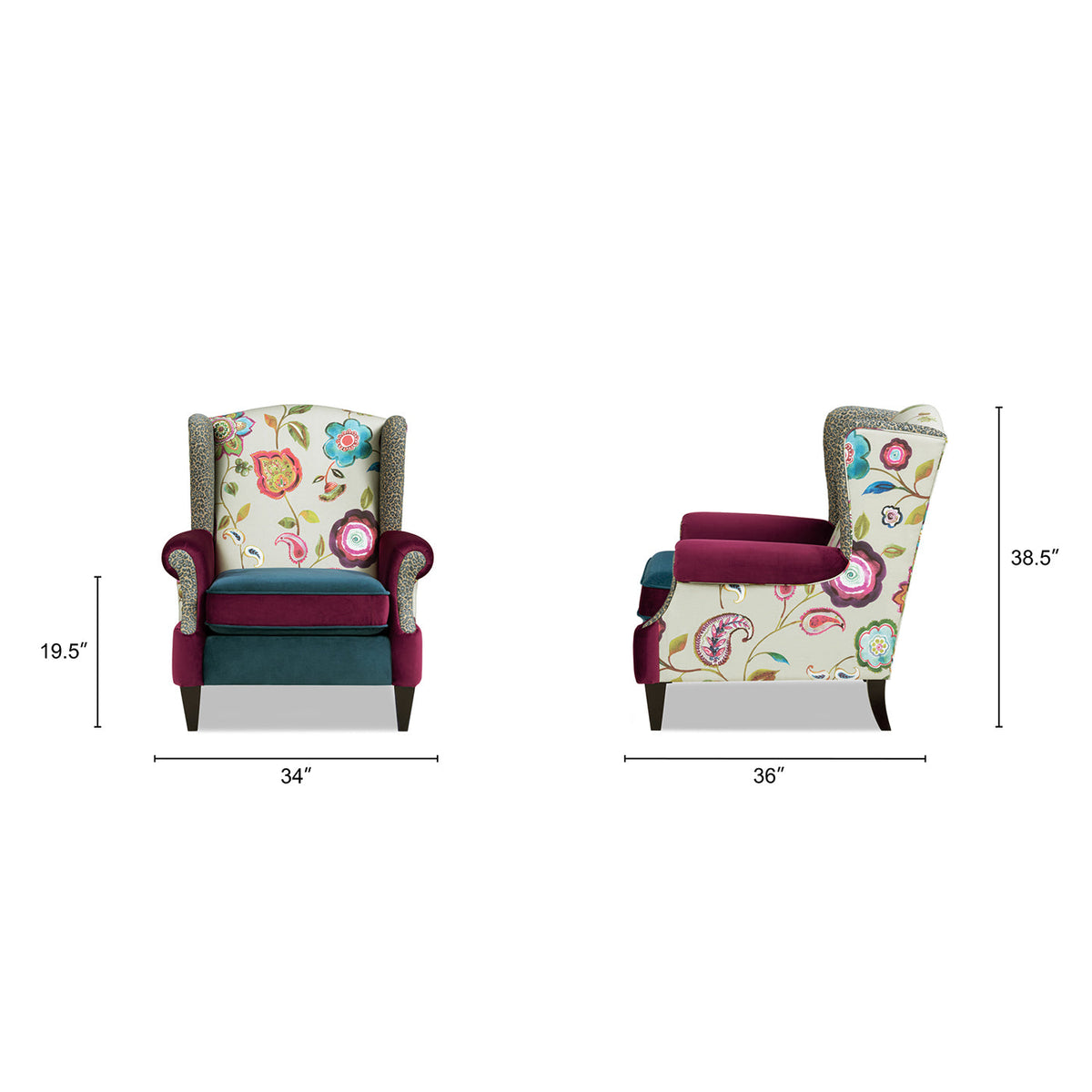 Anya Boho Chic Wingback Accent Arm Chair with Floral Print - Blue or Teal Multi