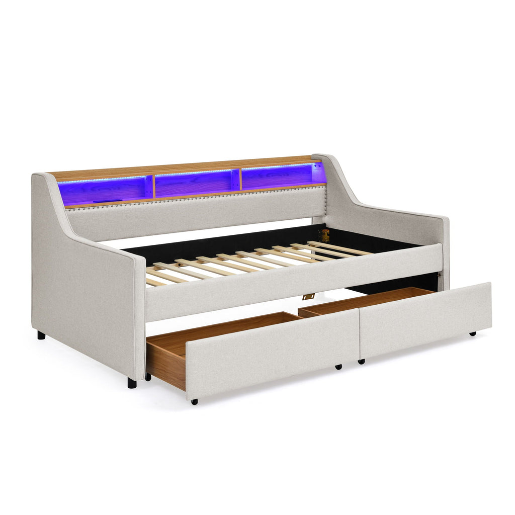 Twin Upholstered Sofa Bed with LED Lights and Storage Drawers - Beige