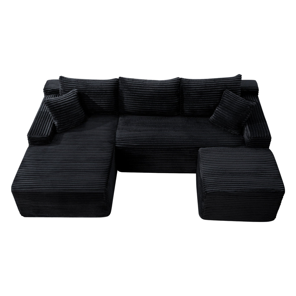 Corduroy U-Shaped Sectional Sofa with Deep Seat - Black
