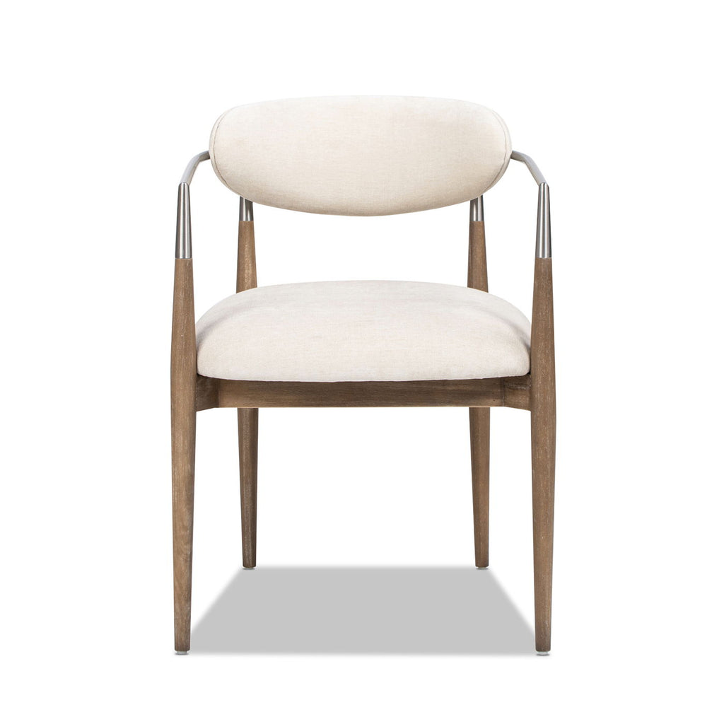 Artemis Mixed Material Upholstered Dining Arm Chair with Brushed Nickel Arms - Warm White