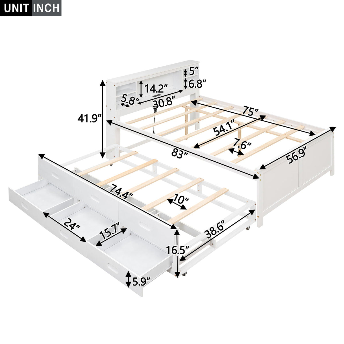 Platform Bed with Storage Headboard, USB, Trundle & 3 Drawers - Twin or Full