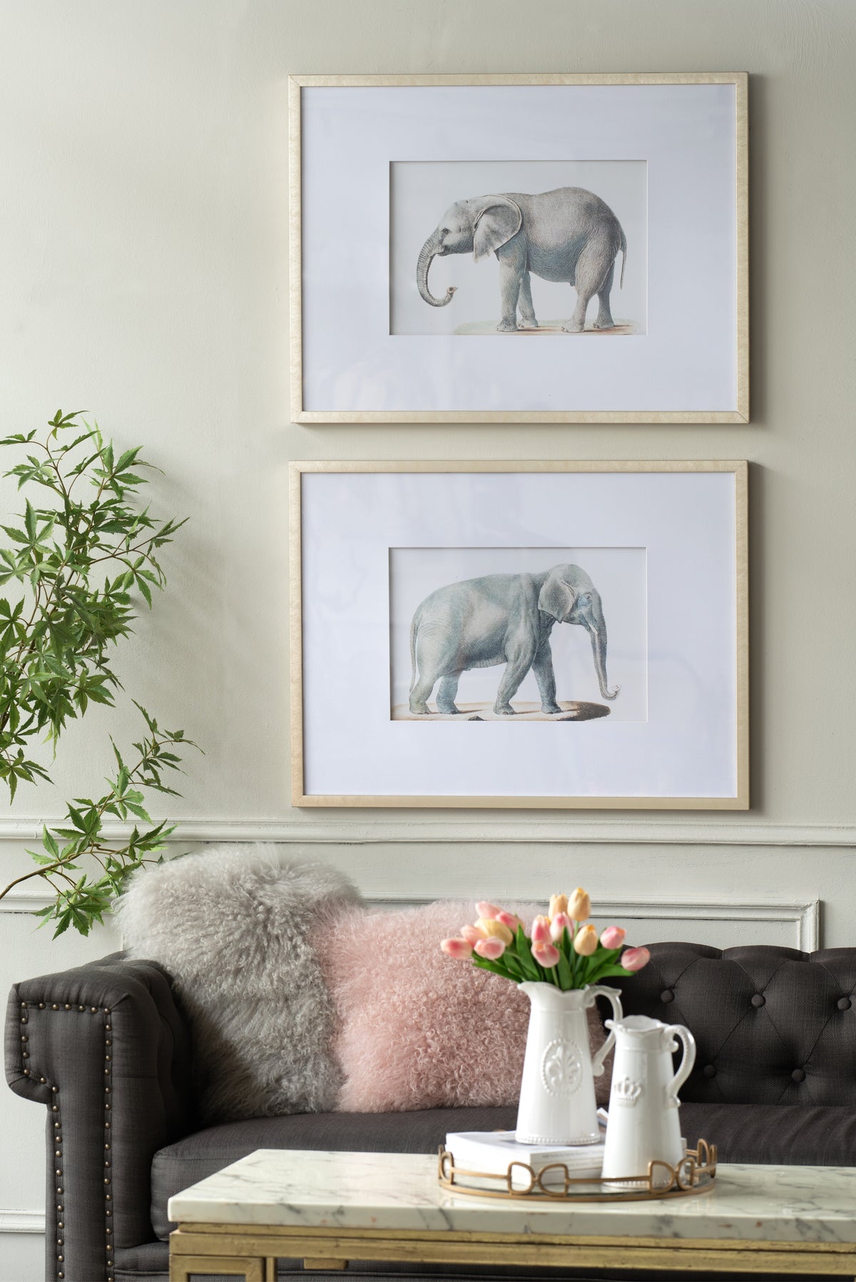 Elephant Pencil Drawings Wall Art Set with Glass Frames - Gray