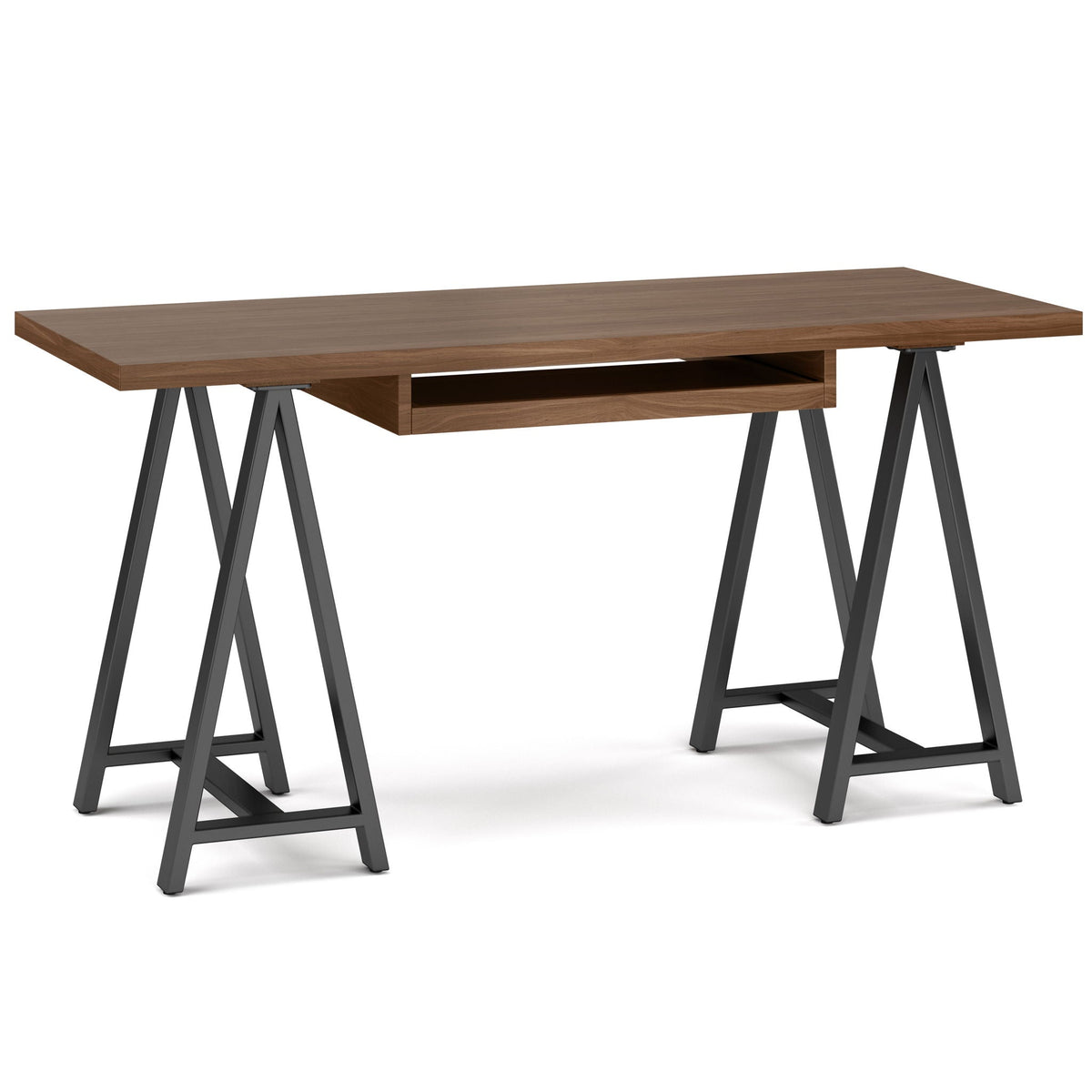 Handcrafted Solid Writing Desk with Sawhorse Metal Supports - Dark Brown