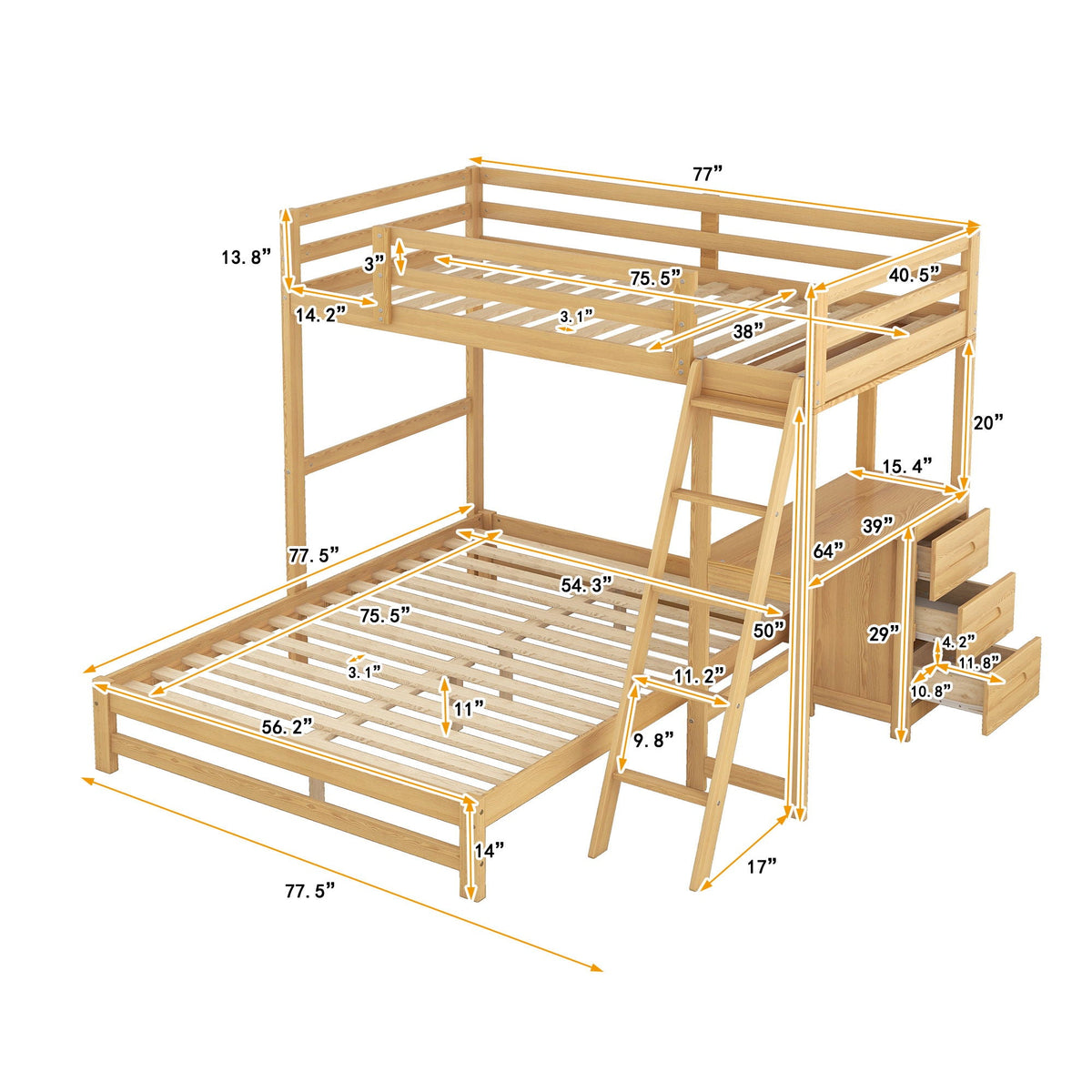 Bunk Bed with Built-In Desk and 3 Drawers - Twin over Full