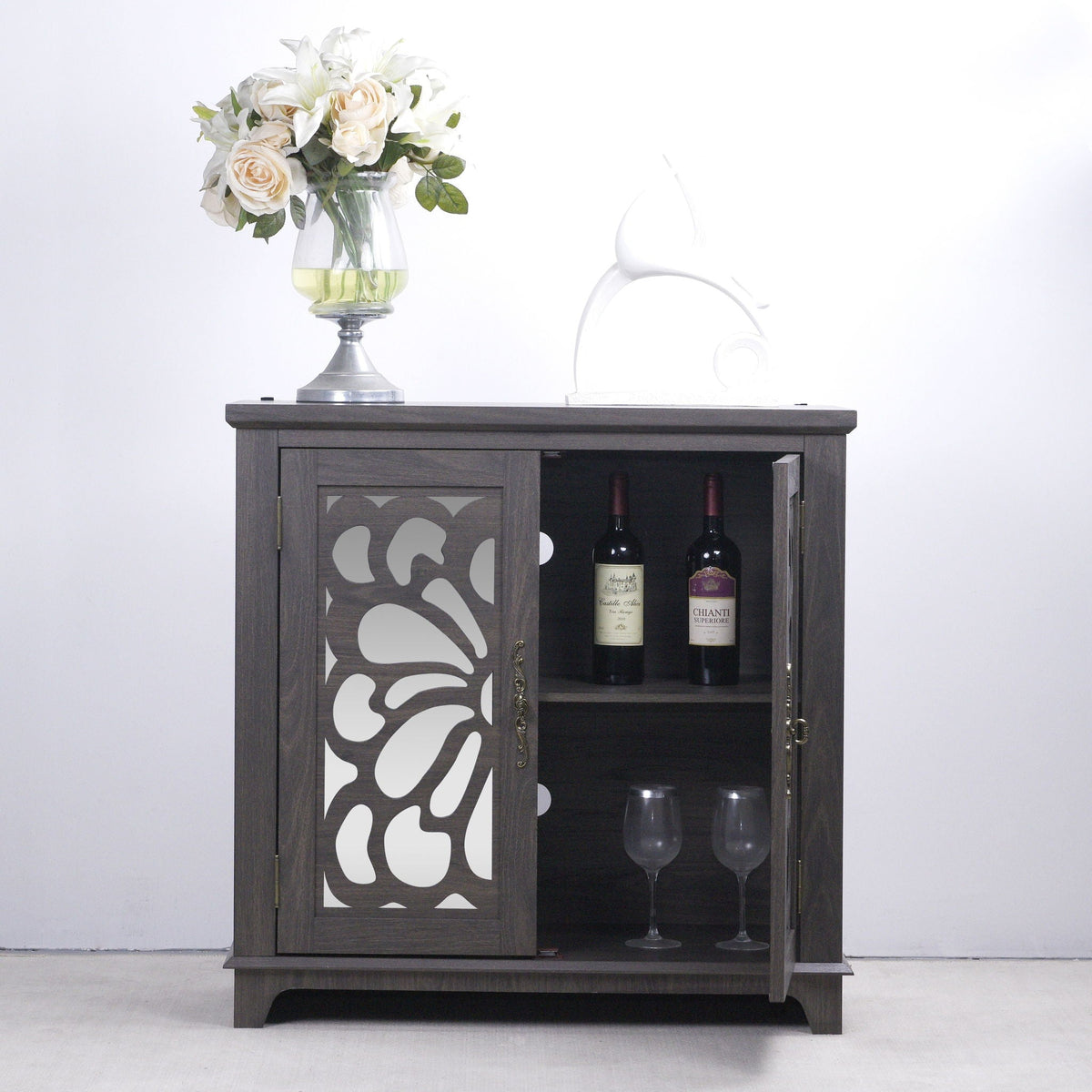 Elegant Sideboard With 2 Acrylic Mirrored Doors, Adjustable Shelf Storage