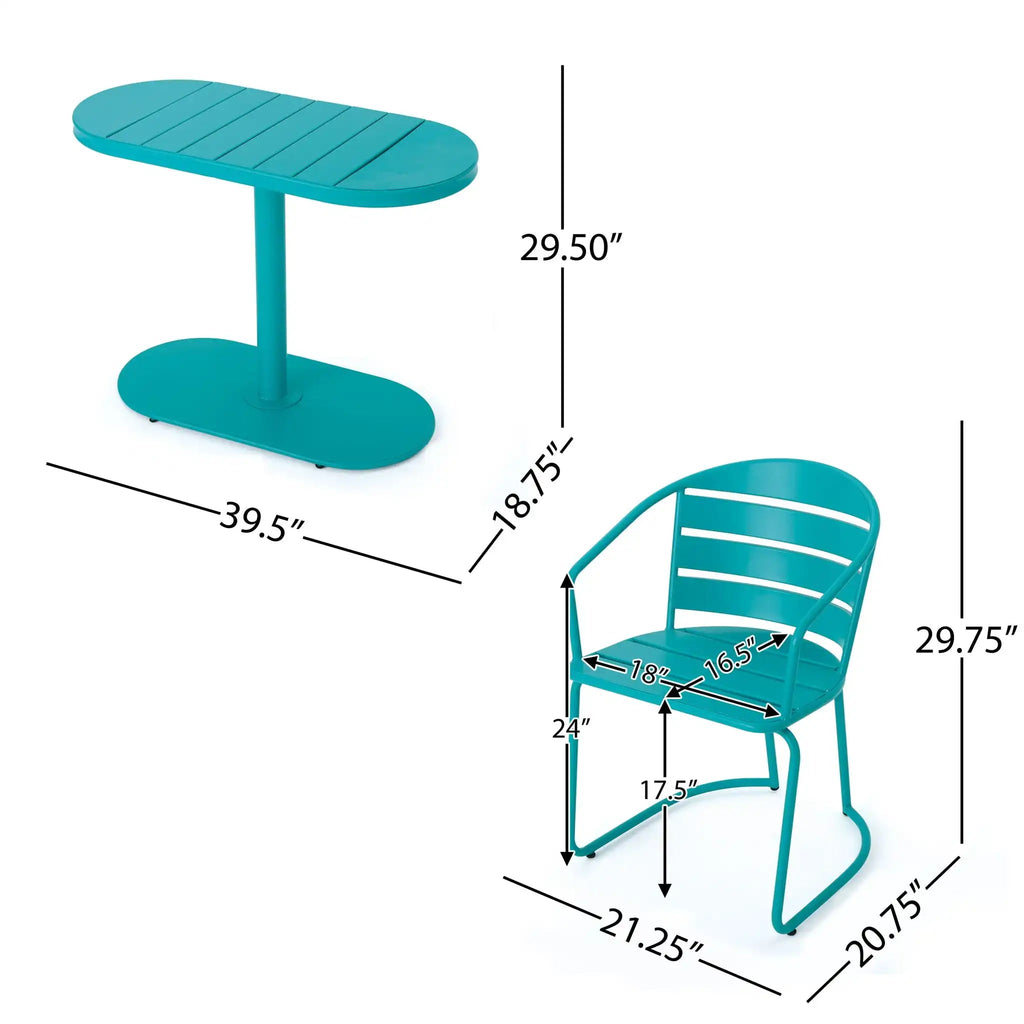 3 Piece Elegant Outdoor Bistro Set with 2 Chairs and Oval Table – Iron, Pastel Colors