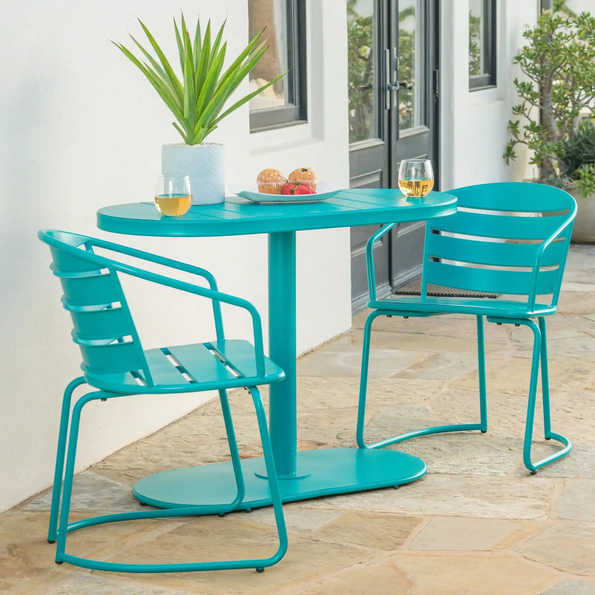 3 Piece Elegant Outdoor Bistro Set with 2 Chairs and Oval Table – Iron, Pastel Colors