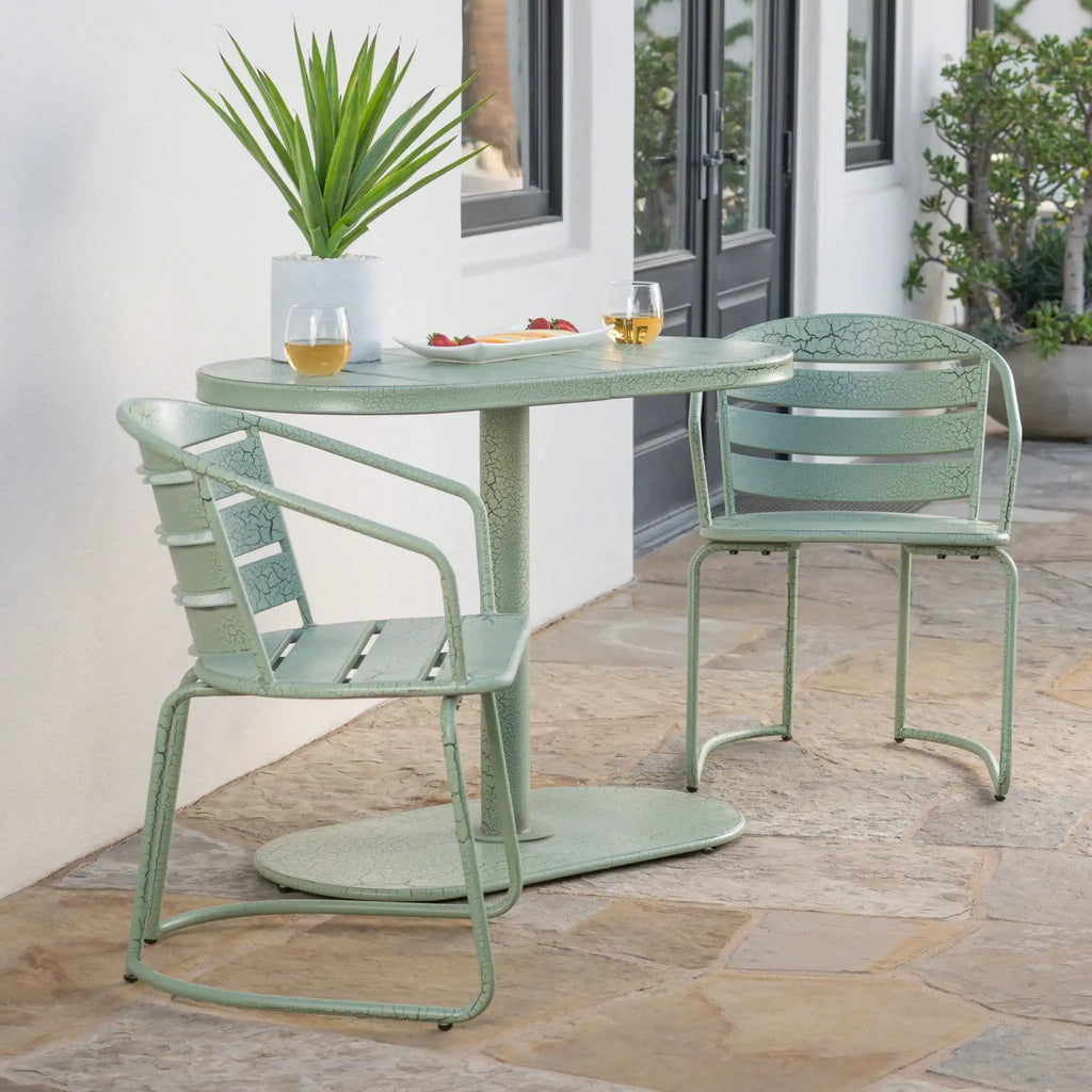 3 Piece Elegant Outdoor Bistro Set with 2 Chairs and Oval Table – Iron, Pastel Colors