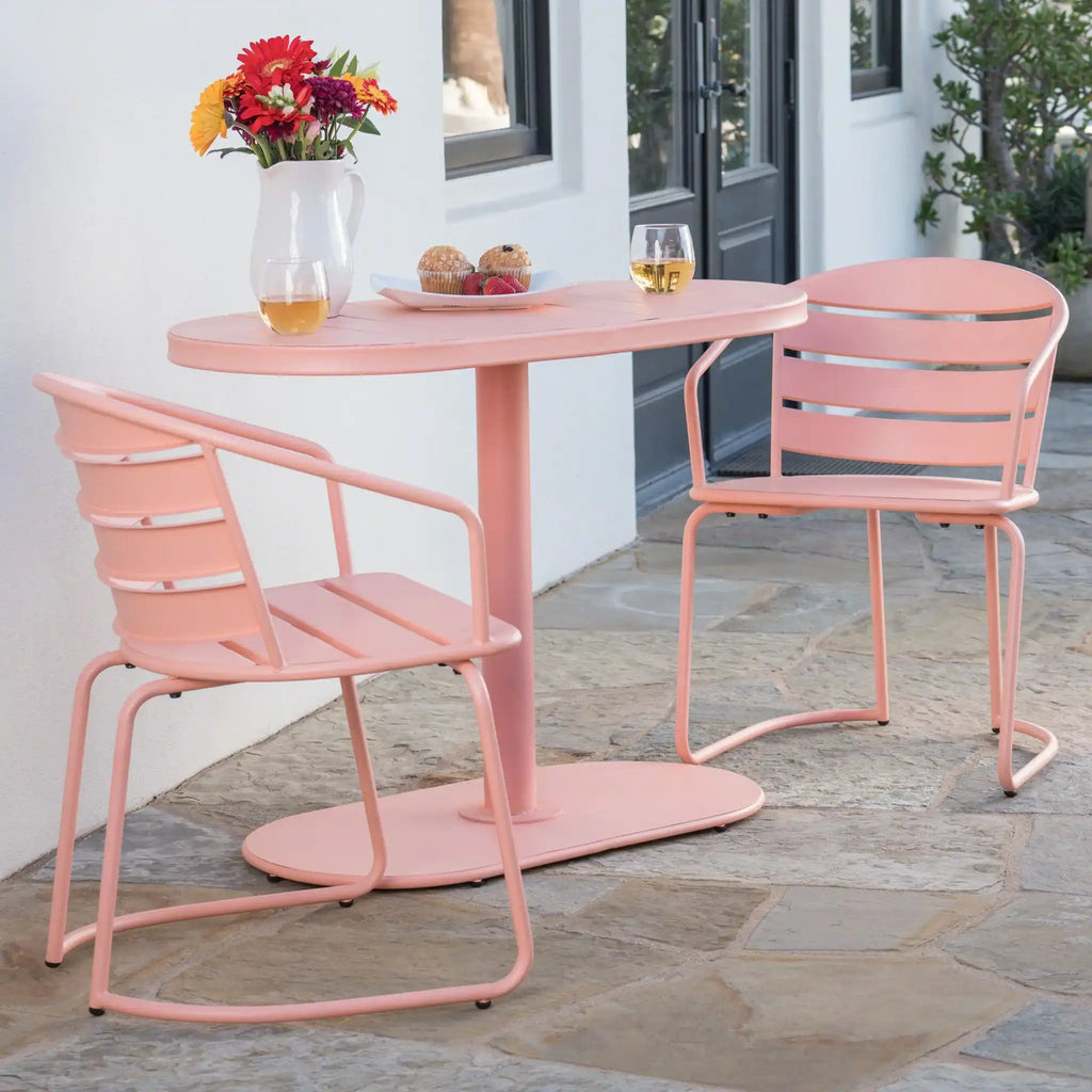 3 Piece Elegant Outdoor Bistro Set with 2 Chairs and Oval Table – Iron, Pastel Colors