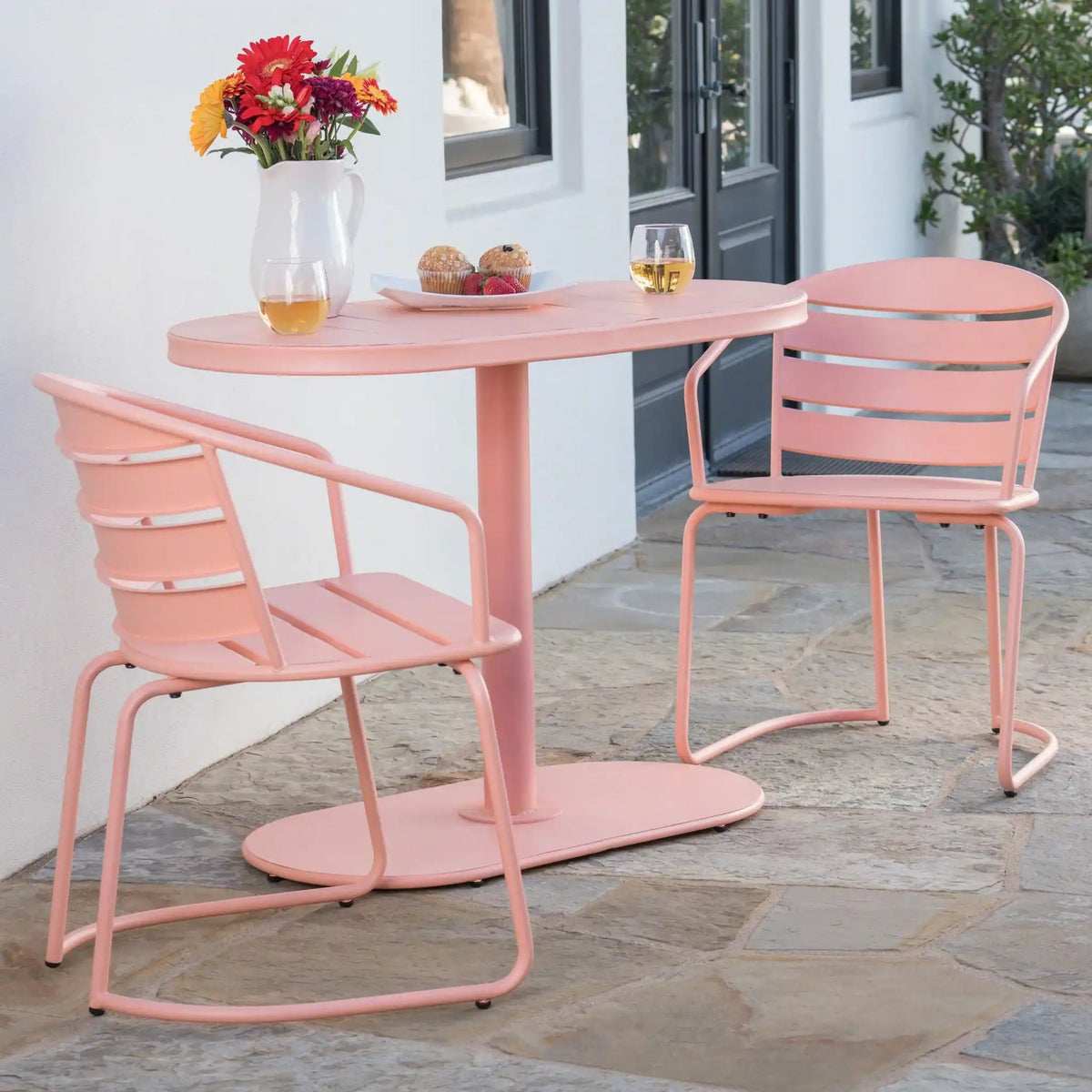 3 Piece Elegant Outdoor Bistro Set with 2 Chairs and Oval Table – Iron, Pastel Colors