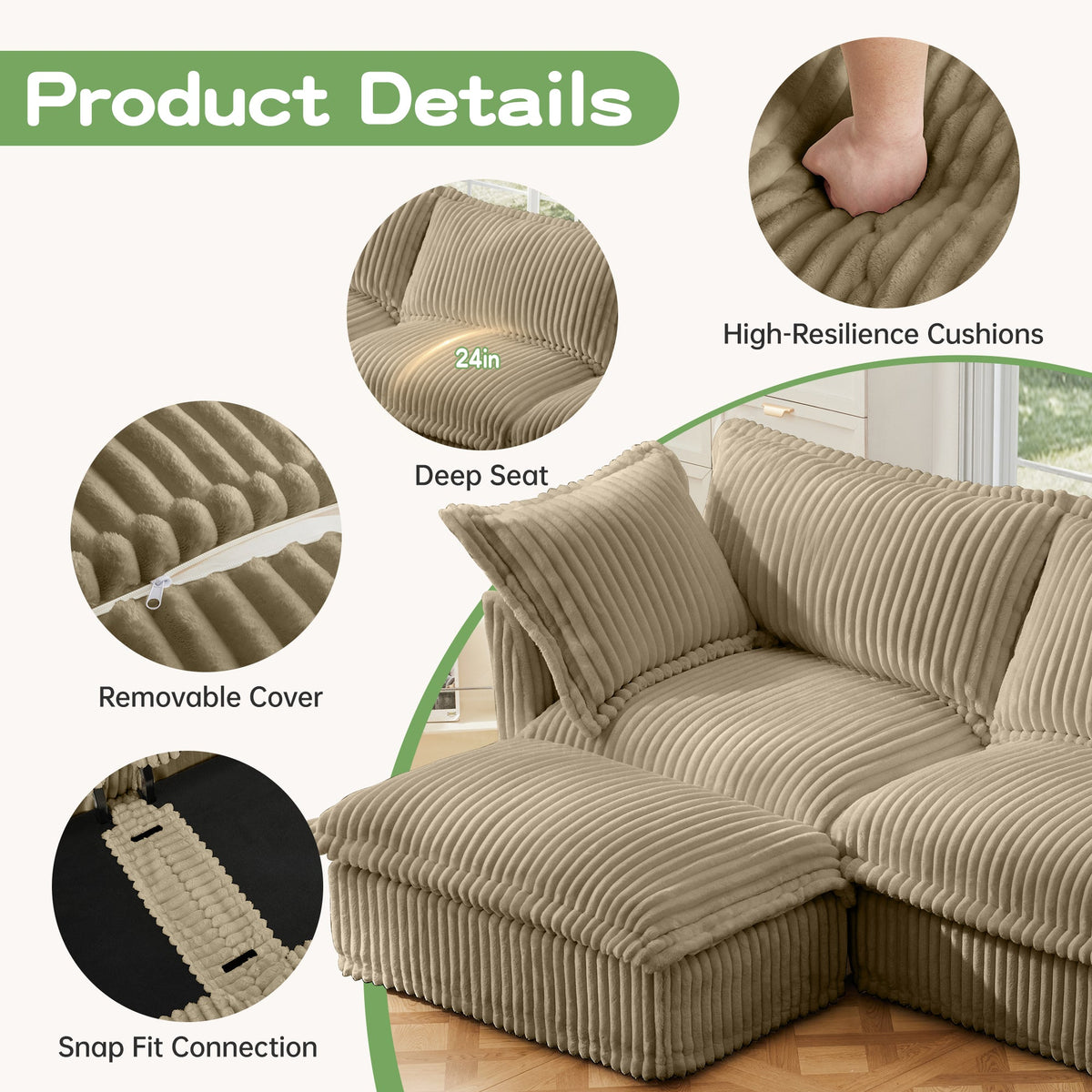 Modern Slipcovered 2-Seat Sofa Couch with Removable Covers - Camel Corduroy