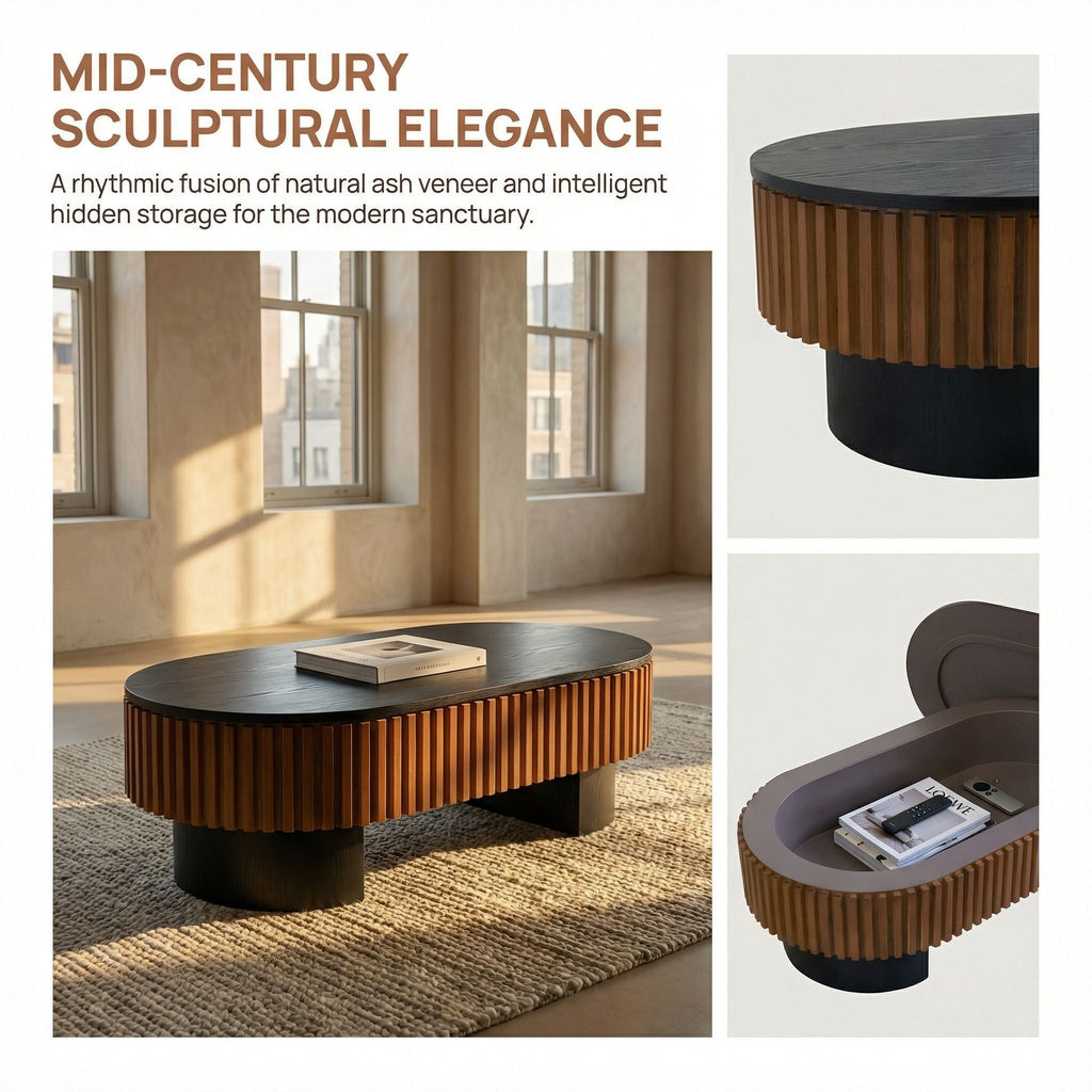 Elliptical Living Room Coffee Table with Hidden Storage and Removable Tabletop - Black or Light Brown