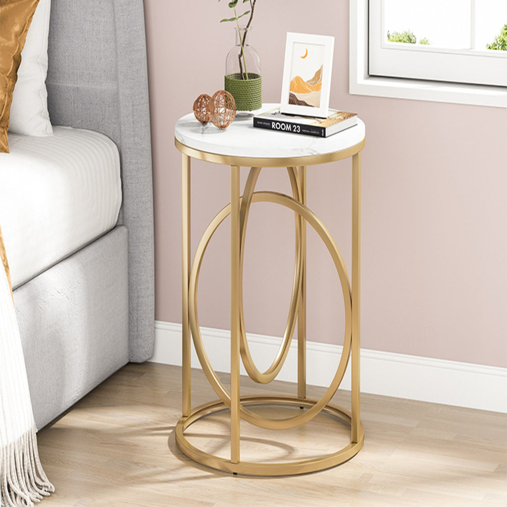 Round End Table with Faux Marble Top - White and Gold