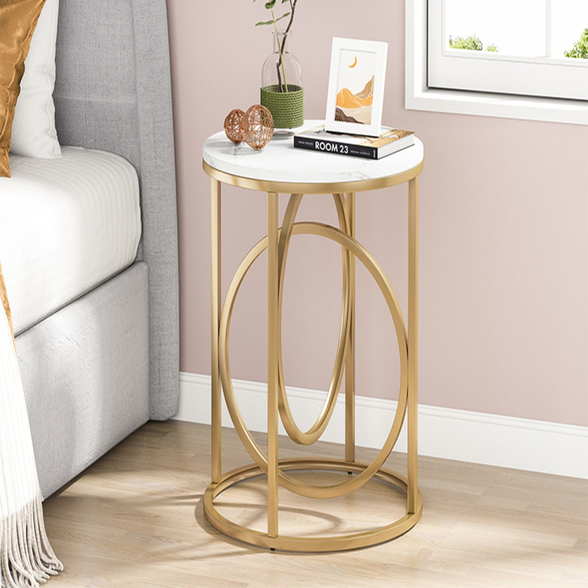 Round End Table with Faux Marble Top - White and Gold