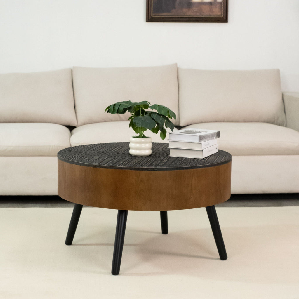 Round Coffee Table with Storage Function - Carved Wood Top - Dark Brown or Black