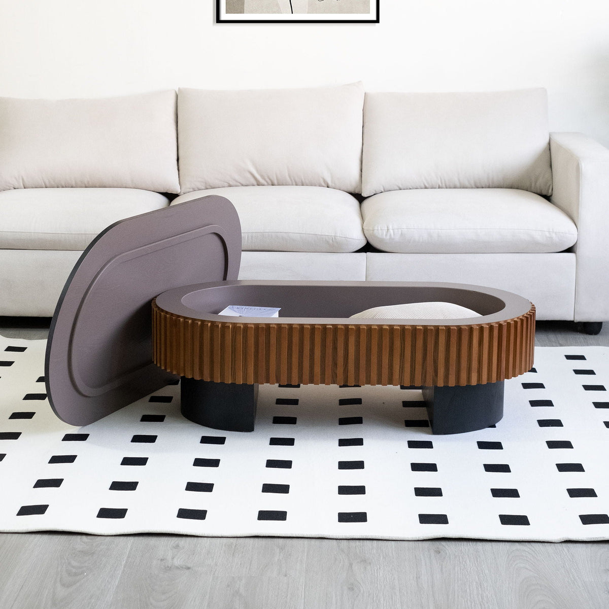 Elliptical Living Room Coffee Table with Hidden Storage and Removable Tabletop - Black or Light Brown