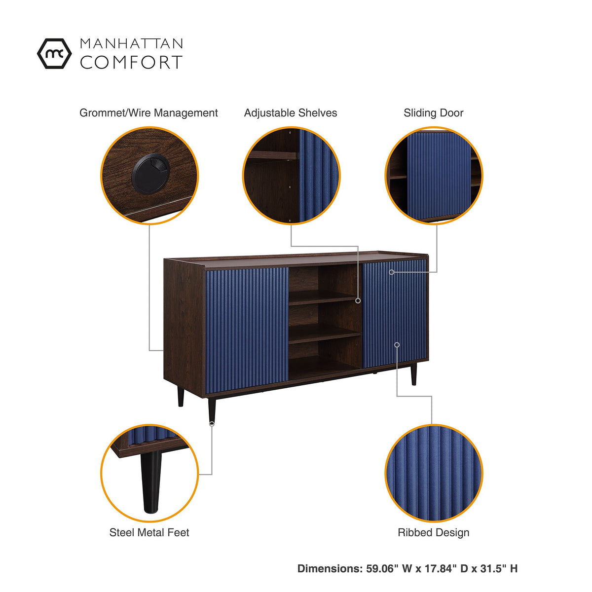 Fluted Sideboard with Adjustable Storage - Black or Blue