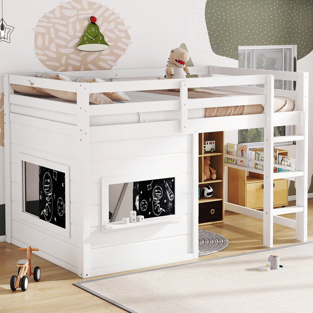 Twin Size Loft Bed with Sliding Chalkboard & Bookshelf - White
