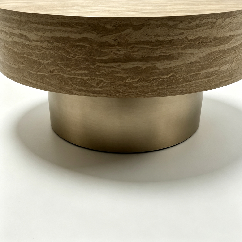 31.88 Inch Round Travertine Coffee Table with MDF Base - Beige