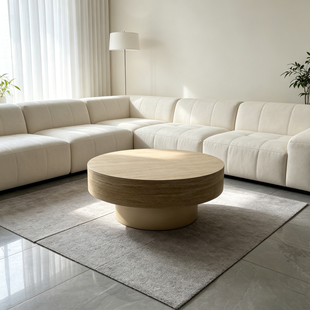 31.88 Inch Round Travertine Coffee Table with MDF Base - Beige